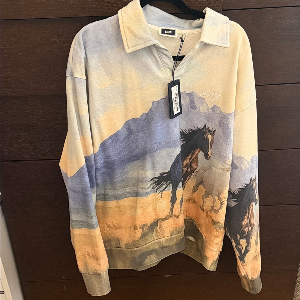 Kith Graphic Mustang Pullover Sweatshirt in Beige, Blue & Brown